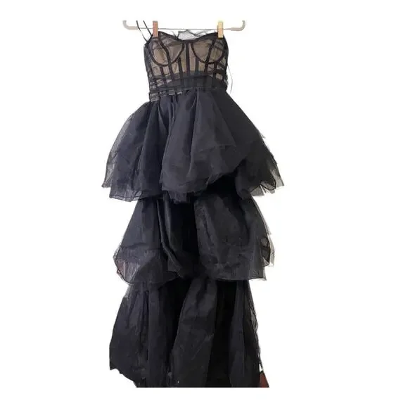 NBD Paula Corset Gown Strapless Tulle Hi-Low Tiered Ruffle Skirt Black Size XS